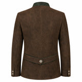 The back view of a men's brown suede jacket with a dark green collar, waist trim, and button details, shown on a plain white background.