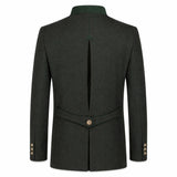 The back view of a dark forest green wool-blend jacket with a single button closure at the waist, decorative button cuffs, and a high collar, shown on a plain white background.