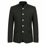 A dark charcoal gray traditional jacket with a mandarin collar, gold buttons, and a green inner collar, shown on a plain white background.
