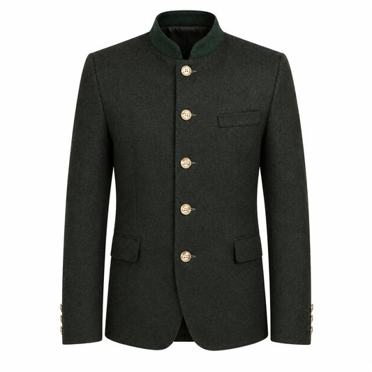 A dark charcoal gray traditional jacket with a mandarin collar, gold buttons, and a green inner collar, shown on a plain white background.