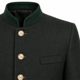 Close-up of a dark charcoal gray wool-blend jacket with a contrasting dark green mandarin collar, gold-tone buttons, and a welt pocket on the chest.