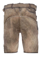 Brown leather shorts with a belt and decorative stitching on a white background