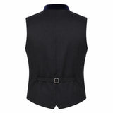 Black men's waistcoat vest with a navy blue velvet collar and a matching waist belt with a silver buckle, shown from the back on a white background.