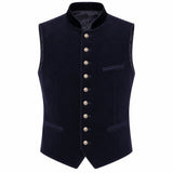 A dark navy blue velvet waistcoat vest with a high stand collar, decorative gold-tone buttons down the front, and welt pockets, shown against a plain white background.
