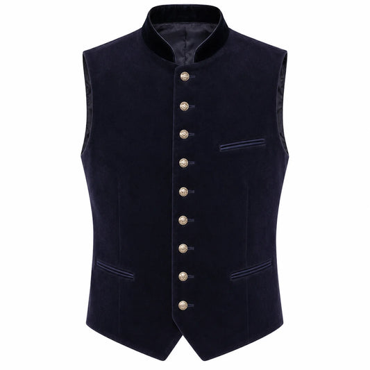 A dark navy blue velvet waistcoat vest with a high stand collar, decorative gold-tone buttons down the front, and welt pockets, shown against a plain white background.