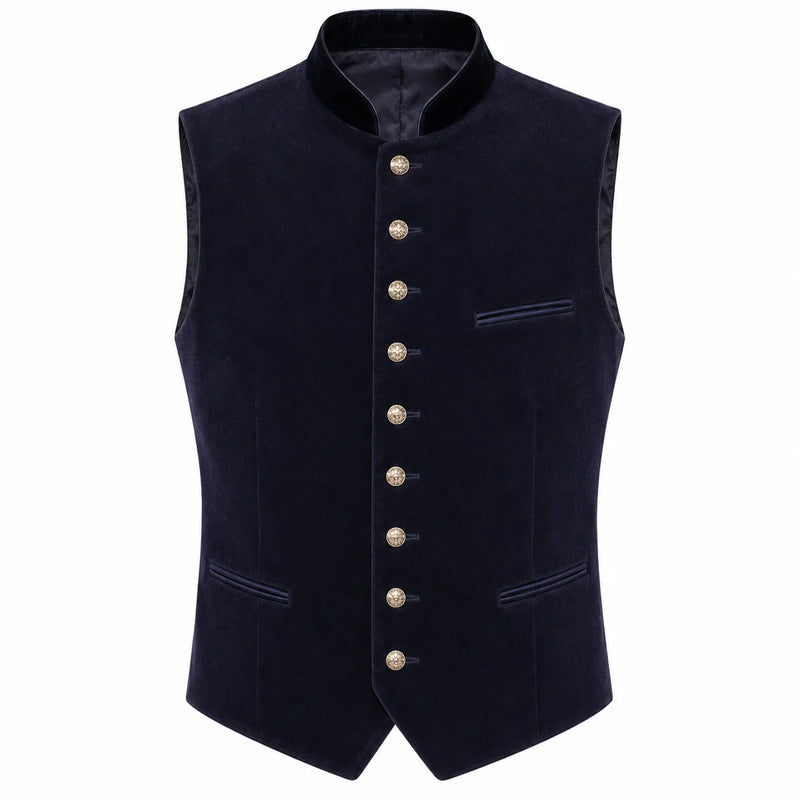 A dark navy blue velvet waistcoat vest with a high stand collar, decorative gold-tone buttons down the front, and welt pockets, shown against a plain white background.