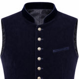 A dark navy blue velvet waistcoat vest with a stand collar, decorative silver-tone buttons down the front, and a matching chest pocket, shown against a plain white background.