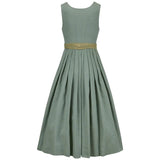 Green dress with a gold belt on a white background