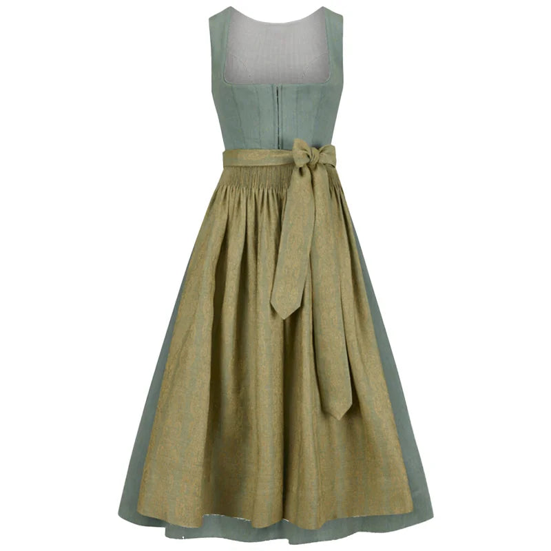 Two-tone dress with green top and brown skirt on a white background