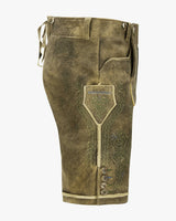 Brown leather shorts with decorative stitching on a white background