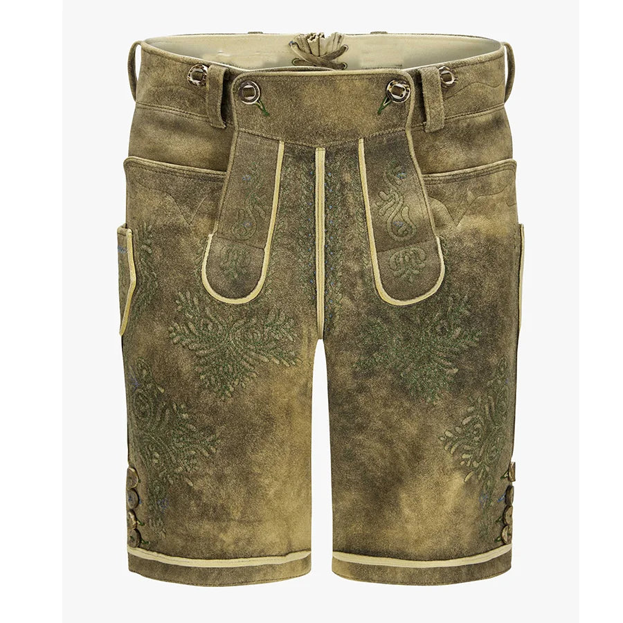 Traditional Bavarian shorts with leather-like texture on a white background