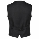 Black formal waistcoat shown from the back, featuring a self-tie belt with a small buckle at the waist, set against a plain white background.