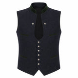 A dark navy blue wool vest with a high collar, contrasting dark green trim, and silver-tone buttons, shown against a plain white background.