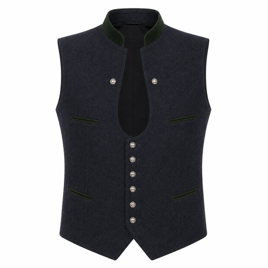 A dark navy blue wool vest with a high collar, contrasting dark green trim, and silver-tone buttons, shown against a plain white background.