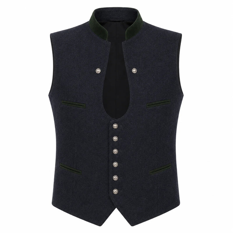 A dark navy blue wool vest with a high collar, contrasting dark green trim, and silver-tone buttons, shown against a plain white background.