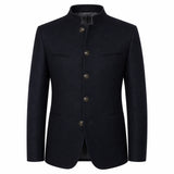 A men's dark navy blue jacket with a distinctive mandarin collar, four front buttons, and flap chest pockets, shown against a plain white background.