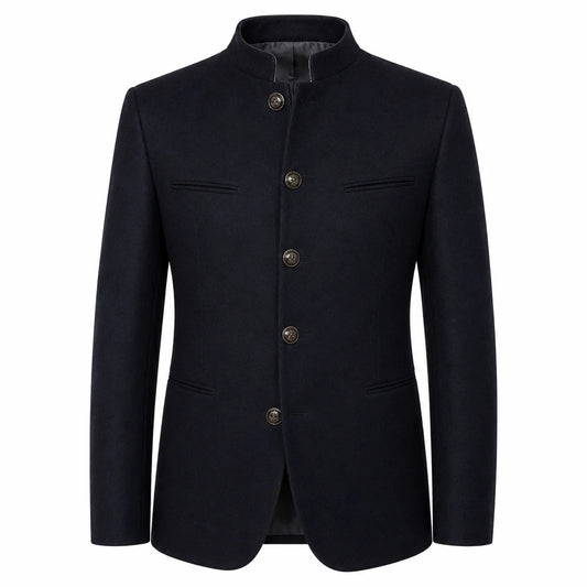 A men's dark navy blue jacket with a distinctive mandarin collar, four front buttons, and flap chest pockets, shown against a plain white background.