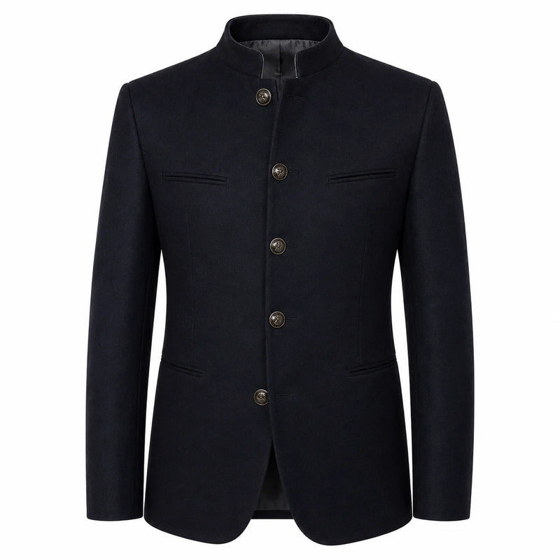 A men's dark navy blue jacket with a distinctive mandarin collar, four front buttons, and flap chest pockets, shown against a plain white background.