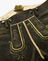 Traditional black leather shorts with gold embroidery on a white background