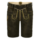 Traditional black leather shorts with gold embroidery on a white background