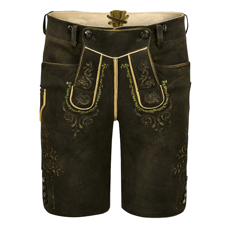 Traditional black leather shorts with gold embroidery on a white background