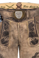 Brown leather pants with decorative stitching and a belt buckle on a white background