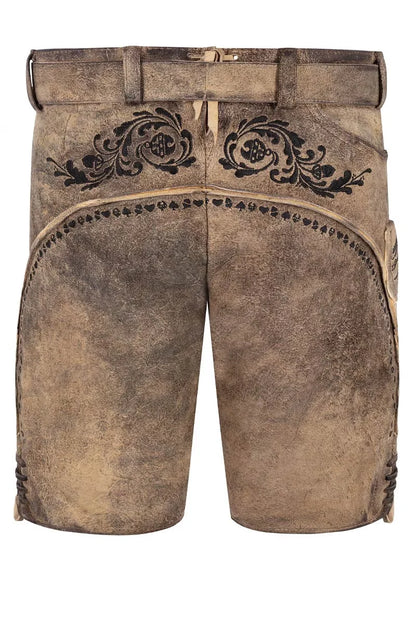 Brown leather shorts with decorative patterns on a white background