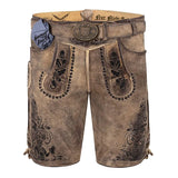Brown leather shorts with decorative patterns and a belt on a white background