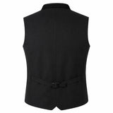Black men's waistcoat vest shown from the back, featuring a braided collar and a matching waist tie with a buckle, on a solid white background.