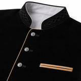 Close-up of a black traditional-style jacket with a stand collar, decorative embroidered trim, silver buttons, and a diagonal welt pocket with tan piping on a white background.