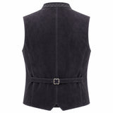 A dark charcoal gray vest shown from the back, featuring a matching waist belt with a silver buckle and a textured patterned collar, set against a plain white background.