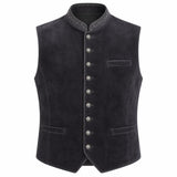 A dark charcoal gray suede vest with a mandarin collar, decorative embroidered trim, and silver-tone buttons down the front, displayed on a solid white background.