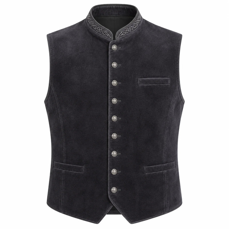 A dark charcoal gray suede vest with a mandarin collar, decorative embroidered trim, and silver-tone buttons down the front, displayed on a solid white background.