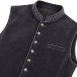 A close-up of a dark charcoal gray velvet vest with a mandarin collar, decorative embroidered trim, and silver-toned buttons down the front.