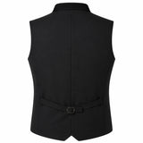Black men's waistcoat vest with a self-tie belt and decorative collar trim, shown from the back on a white background.