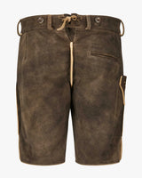 Brown leather shorts with a white background