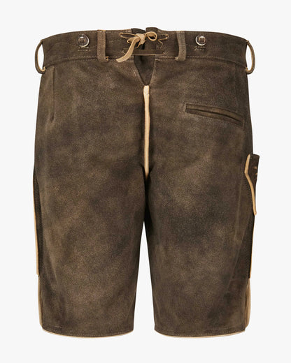 Brown leather shorts with a white background