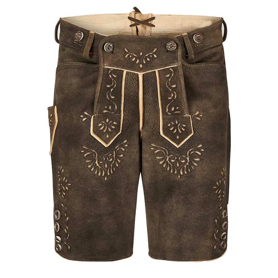 Brown leather shorts with decorative patterns on a white background