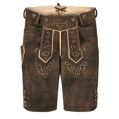 Brown leather shorts with decorative patterns on a white background