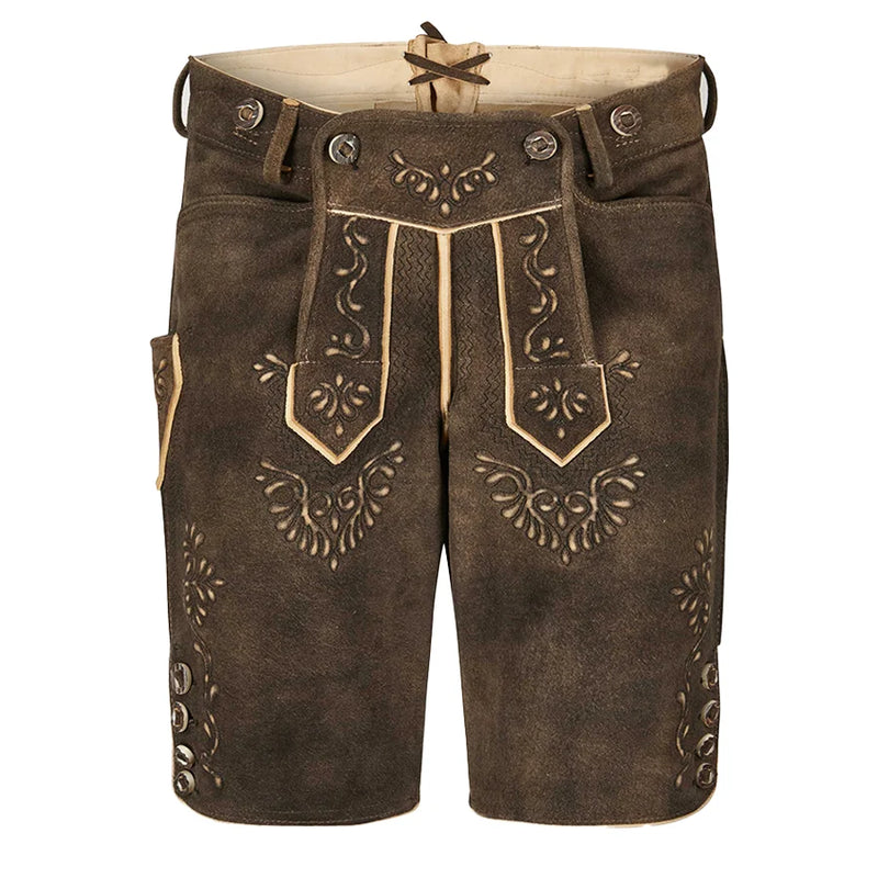 Brown leather shorts with decorative patterns on a white background