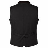 Black men's waistcoat vest shown from the back, featuring a structured collar, a self-tie belt with a metal buckle at the waist, and a subtle textured pattern along the inner collar, set against a plain white background.