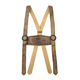 Brown leather suspenders with a decorative buckle on a white background