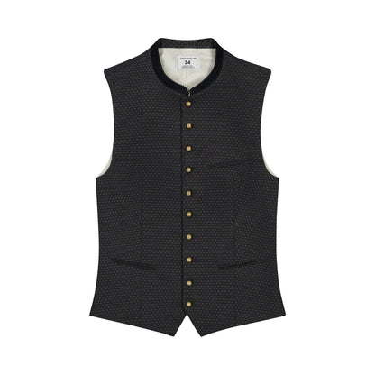 Black patterned vest with gold buttons on a white background