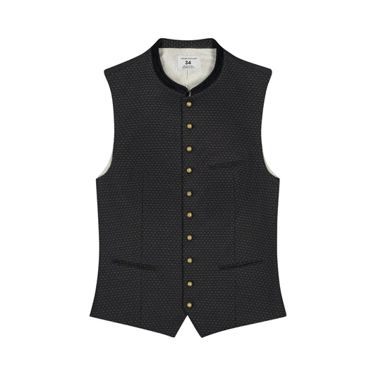 Black patterned vest with gold buttons on a white background