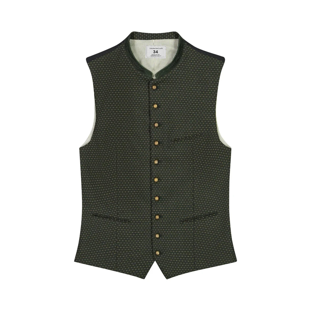 Green patterned vest with button details on a white background