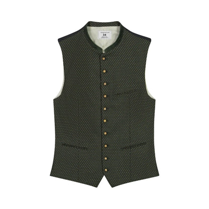 Green patterned vest with button details on a white background