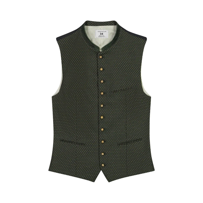 Green patterned vest with button details on a white background