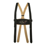 Black and beige suspenders with decorative buckle on a white background