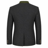 The back view of a dark gray textured wool blazer with a contrasting olive green collar and three gold buttons on the cuffs, shown on a plain white background.