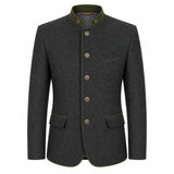 A dark gray wool-blend jacket with olive green trim on the collar, front buttons, and pocket edges, shown on a plain white background.